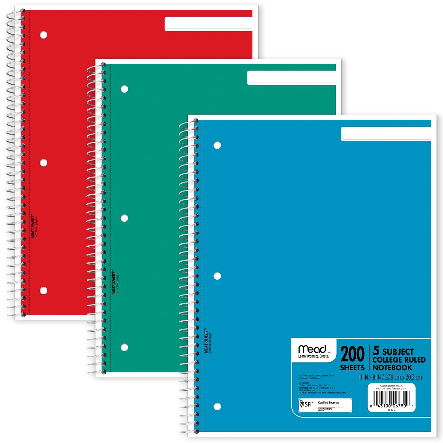 Mead 5-Subject Notebook, 8.5 x 11, College Ruled, 200 Sheets, Color chosen at random (06780)