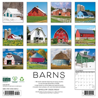 2027 Willow Creek Barns 12 x 12 Monthly Wall Calendar, Assorted Colors (59012)
