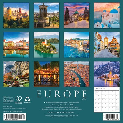 2027 Willow Creek Europe 12 x 12 Monthly Wall Calendar, Assorted Colors (60100)