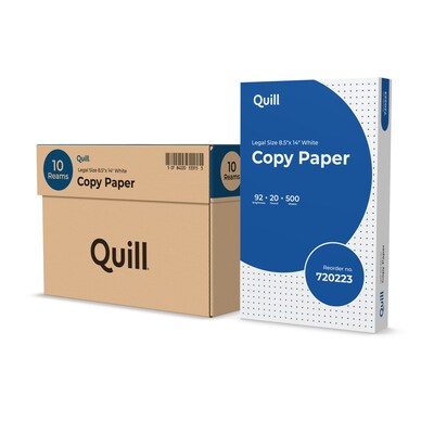 Quill Brand® 8.5" x 14" Copy Paper, 20 lbs., 92 Brightness, 500 Sheets/Ream, 10 Reams/Carton (720223)