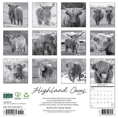 2027 Willow Creek Highland Cows B&W 12 x 12 Monthly Wall Calendar (60674)