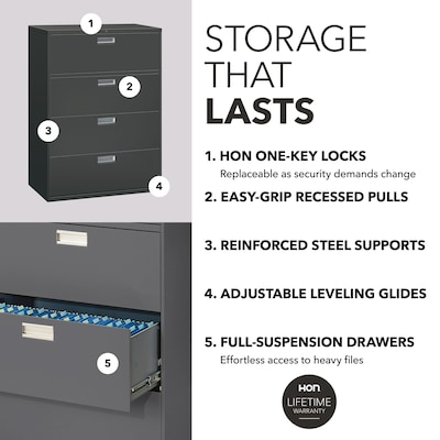 HON Brigade 600 Series 4-Drawer Lateral File Cabinet, Locking, Charcoal, Letter/Legal, 42"W (H694LS)
