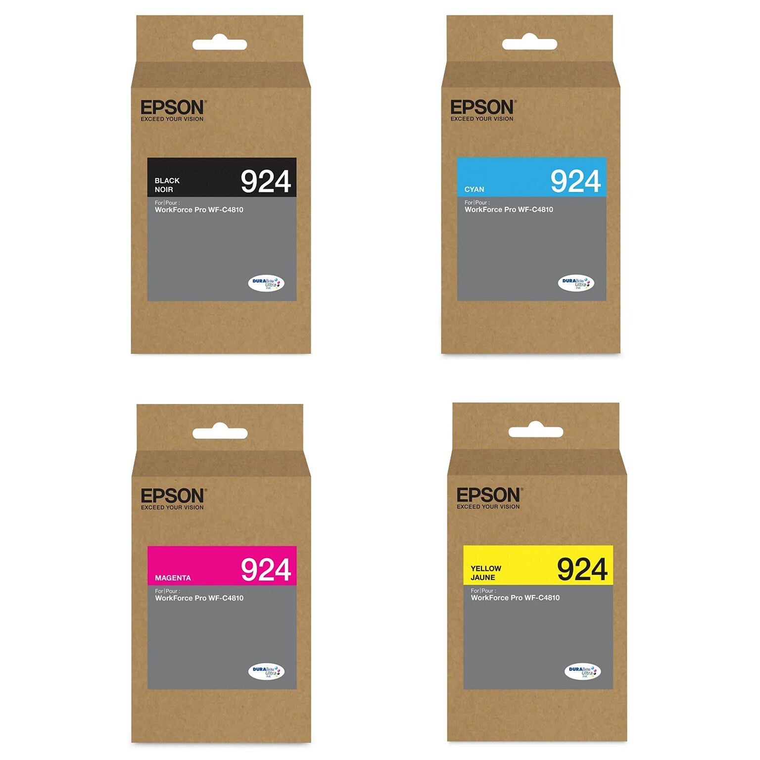 Epson T924 Black/Cyan/Magenta/Yellow Standard Yield Ink Cartridges, 4/Pack