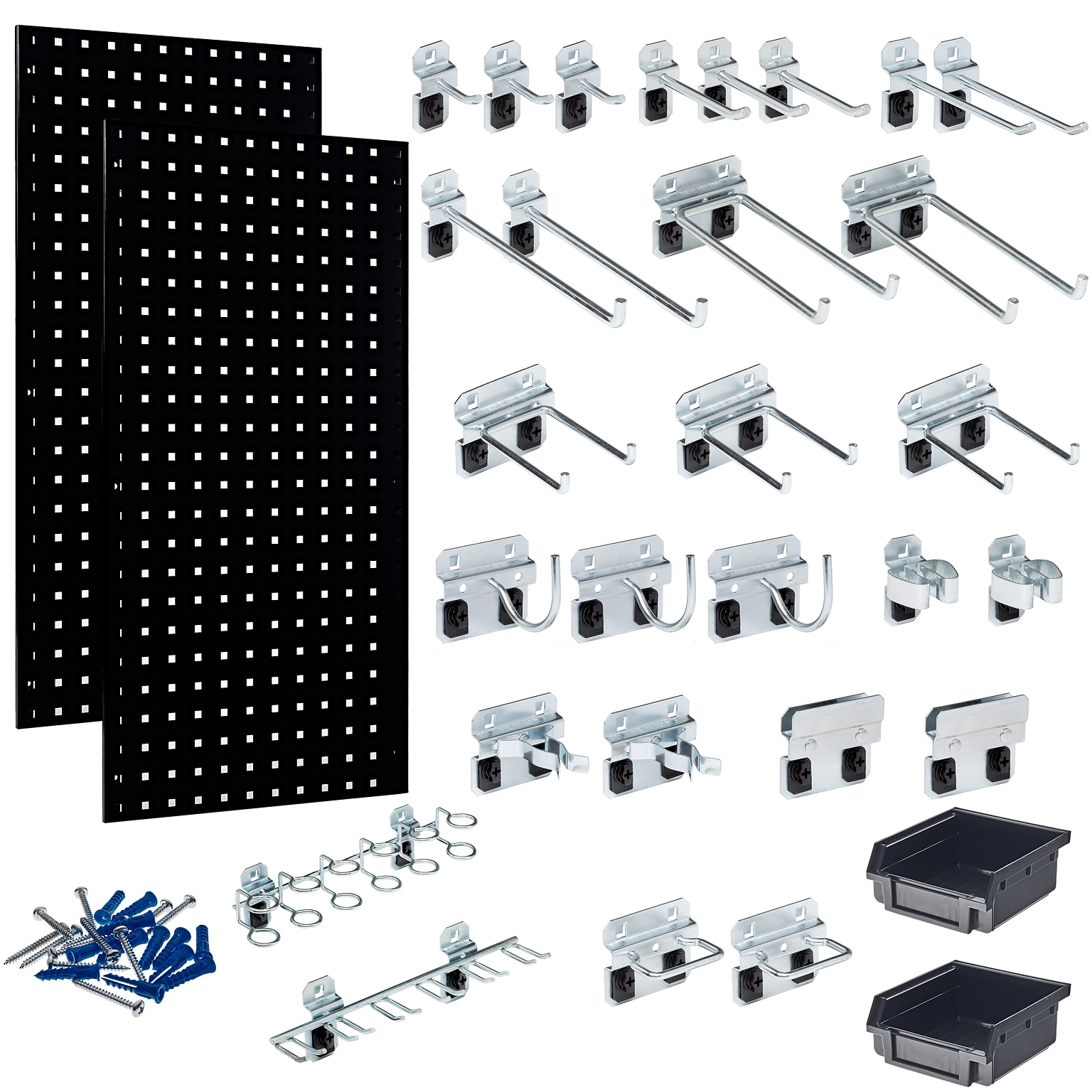 Triton Products LocBoard Pegboards with 30 pc. LocHook Assortment and Hanging Bin System (LB18-BKKit)