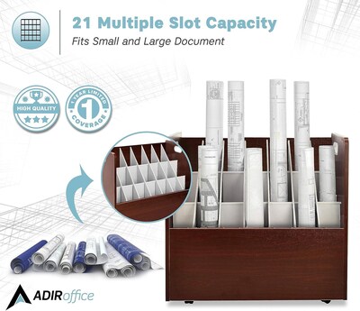 AdirOffice 21-Slot Mobile Roll File, 28.5"H x 30"W x 15.75"D, Mahogany, 2/Pack (625-MA-2PK)