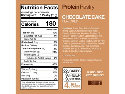 Legendary Foods Chocolate Cake Protein Pastry, 2.2 oz., 10/Box (10086)