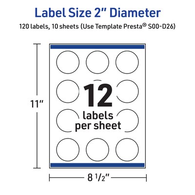 Avery Laser/Inkjet Circle Multipurpose Labels, 2" Dia., White, 120/Pack (S00-D26)