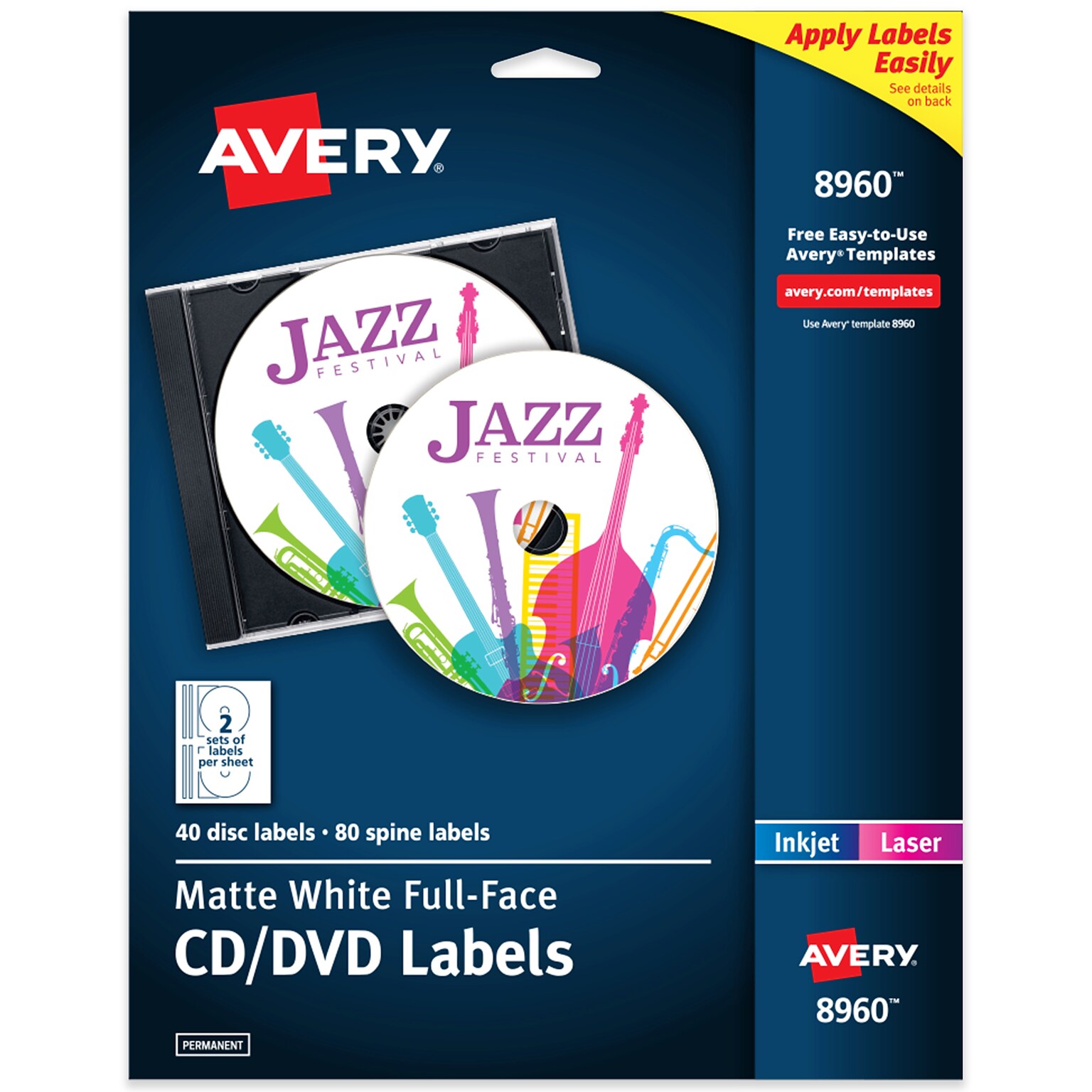 Avery Inkjet Full Face CD Labels, Matte White, 2 Labels/Sheet, 20 Sheets/Pack, 40 Labels/Pack (8960)