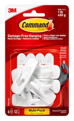 Command Small Utility Hooks, 1 lb., White, 6/Pack (17002-6ES)