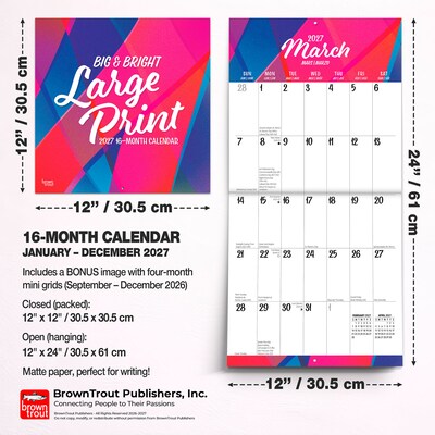 2027 BrownTrout Big & Bright Large Print 12" x 12" Monthly Wall Calendar (9798330712748)