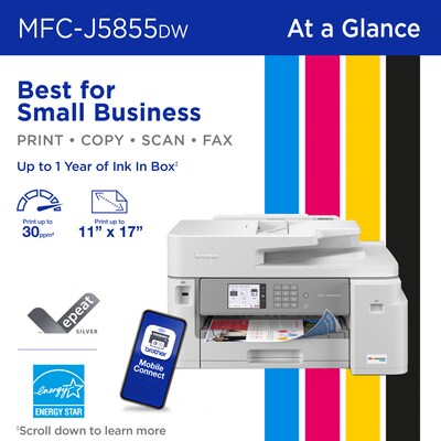 Brother INKvestment Tank MFC-J5855DW Wireless Color Inkjet Printer, All-In-One Supertank, Print, Scan, Copy, Fax