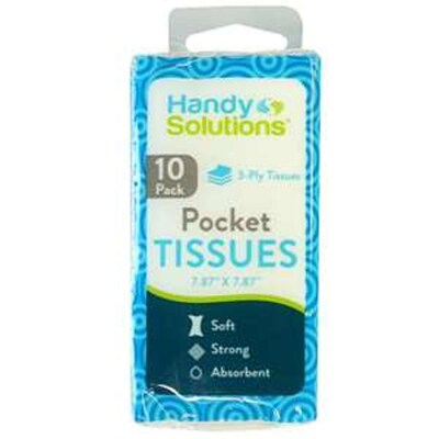 Handy Solutions Pocket Facial Tissue, 3 Ply, 10 Tissues/Pack, 10 Packs/Dispensit Box, 12 Dispensit B