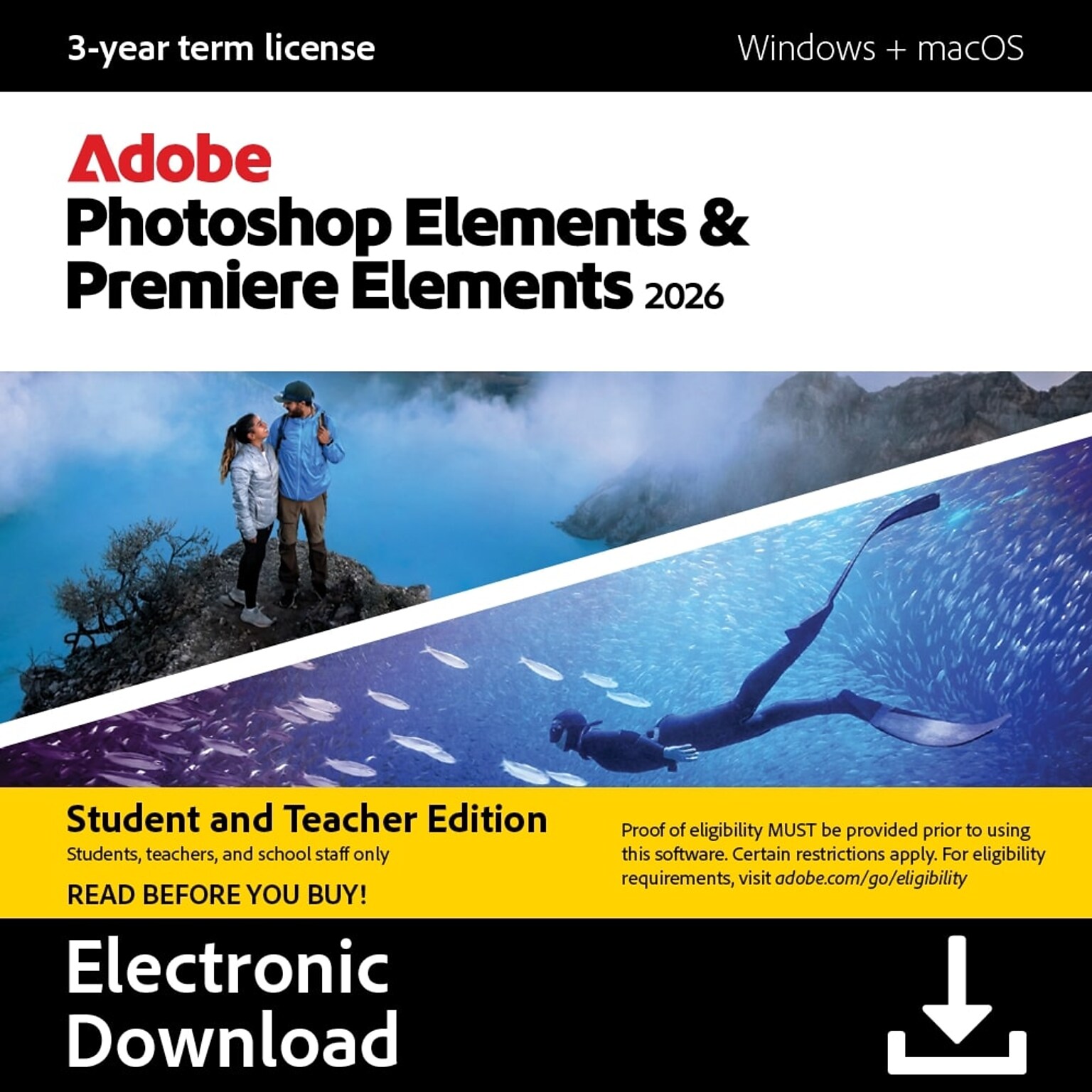 Adobe Photoshop Elements & Premiere Elements 2026 Student & Teacher Edition for PC & Mac, 3-Year, Download (ADO951800V259)