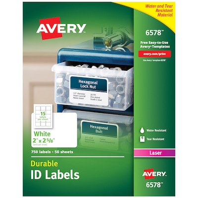 Avery Durable Laser Identification Labels, 2 x 2 5/8, White, 15 Labels/Sheet, 50 Sheets/Box (6578)