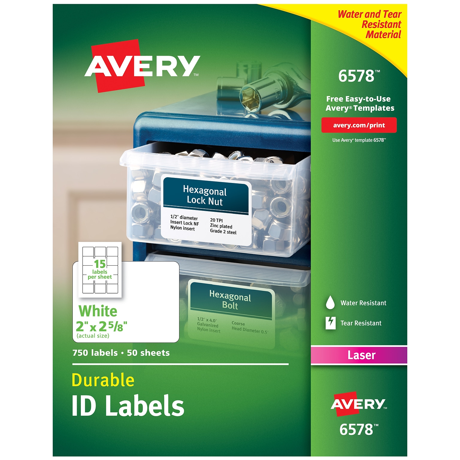 Avery Durable Laser Identification Labels, 2 x 2 5/8, White, 15 Labels/Sheet, 50 Sheets/Box (6578)