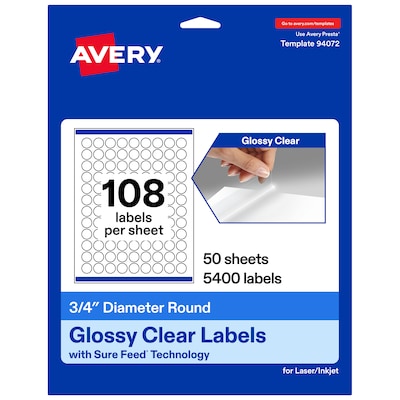 Avery Round Laser/Inkjet Multipurpose Labels, Clear, 108 Labels/Sheet, 50 Sheets/Pack (19479311185)