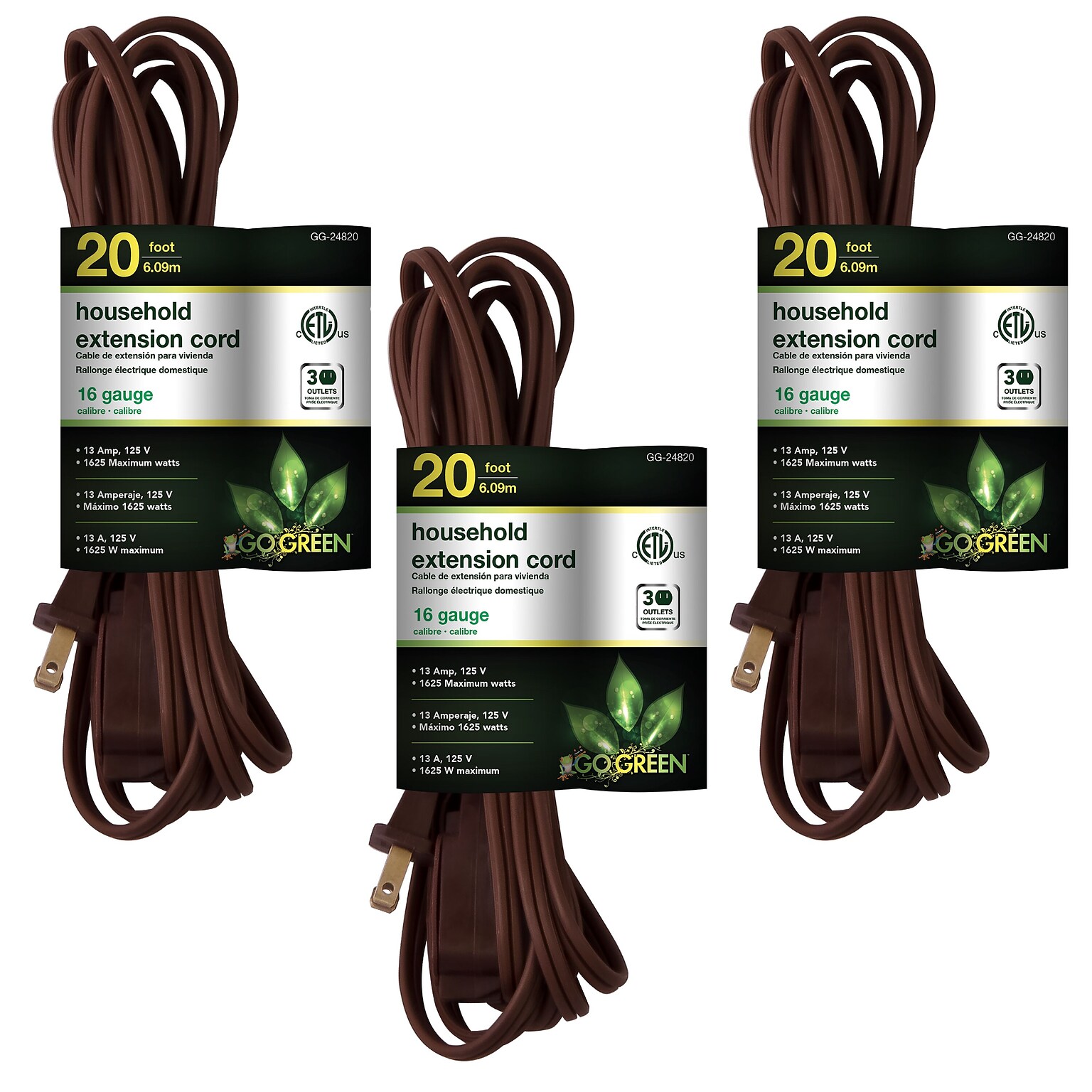 GoGreen Power 20 Extension Cords, 3-Outlet, 16 AWG, Brown, 3/Pack (GG-24820-3)