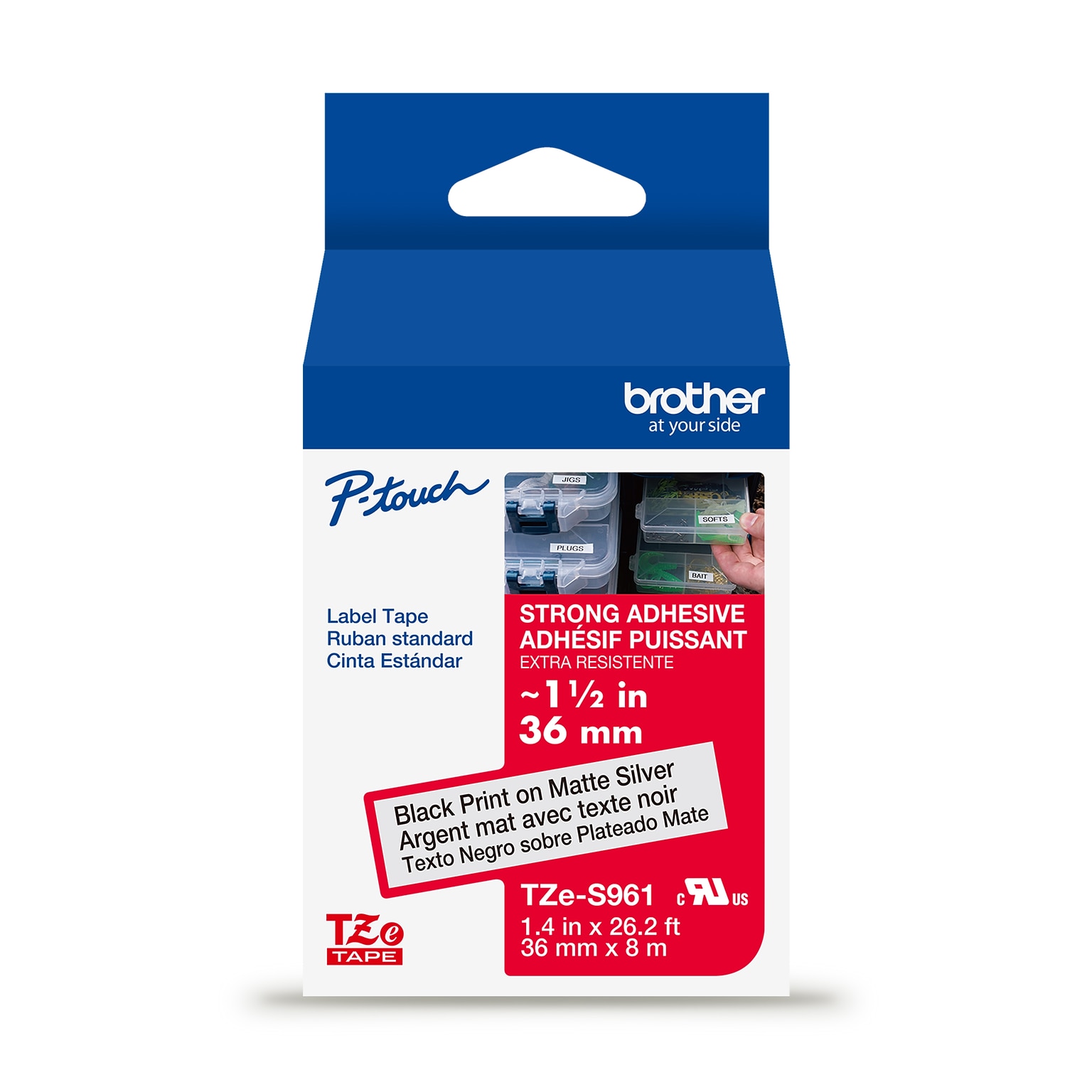 Brother P-touch Strong Adhesive Laminated Label Tape, 1-1/2 x 26.2, Black on Matte Silver (TZeS961)