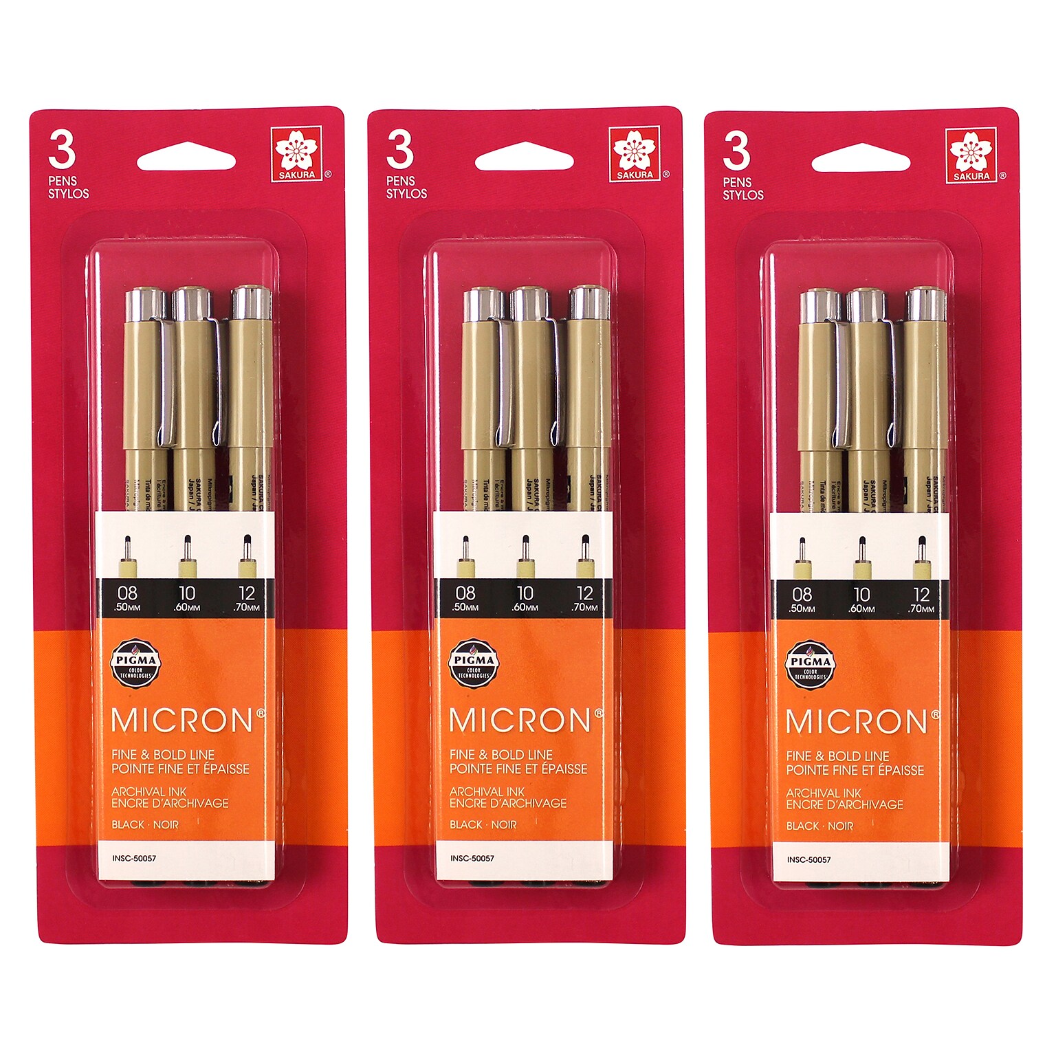 Sakura Pigma Micron Pen, Fineliner, Black Ink, 3/Bundle (SAK50057-3)