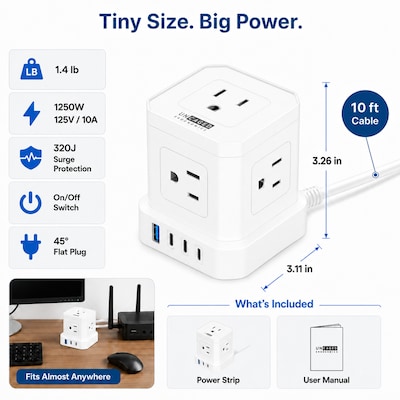 Uncaged Ergonomics Cube 5-Outlet 4-USB Port Surge Protector, 10', White (PC-W-C)