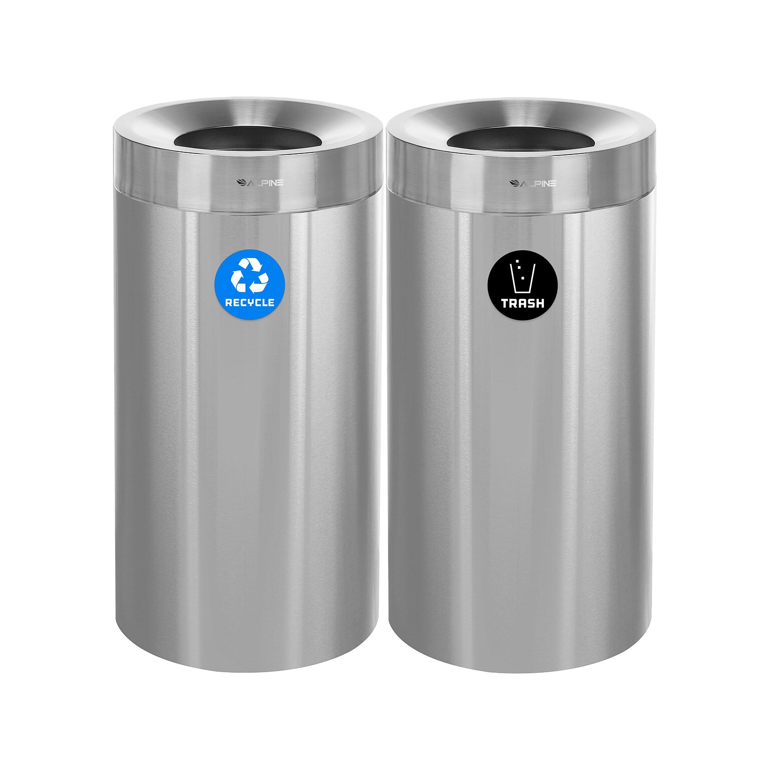 Alpine Industries Stainless Steel Recycling Bin and Trash Can with Open Lid, 27 Gallon, Silver, 2/Pack (ALP475-27-R-T)