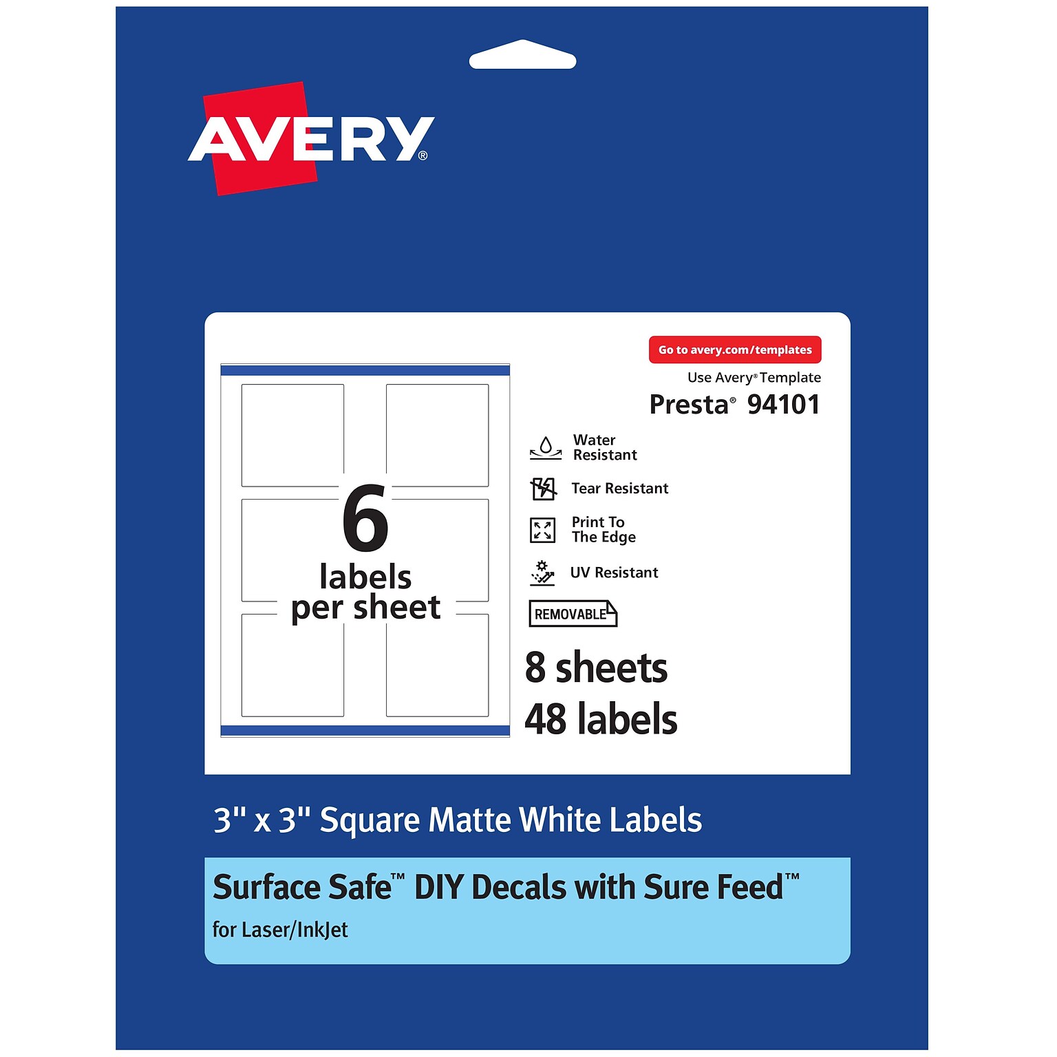 Avery Laser/Inkjet Square Multipurpose Labels, 3 x 3, Matte White, 48 Labels/Pack (94101)