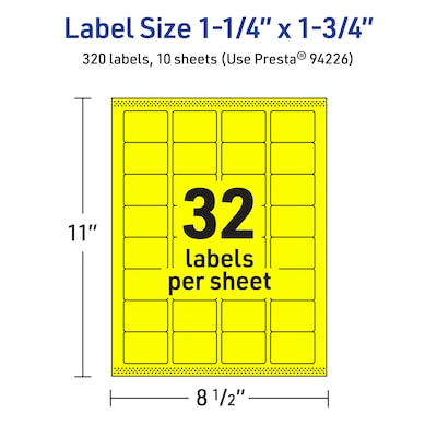 Avery Laser/Inkjet Rectangle Multipurpose Labels, 1.25" x 1.75", Neon Yellow, 320/Pack (94226)