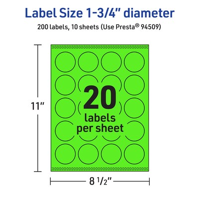 Avery Laser/Inkjet Multipurpose Circle Labels, 1.75" Dia., Neon Green, 200/Pack (94509)