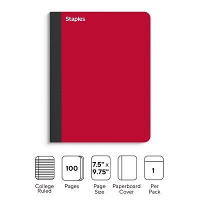 Staples® Premium Composition Notebooks, 7.5" x 9.75", College Ruled, 100 Sheets, Red (TR58344M CC)