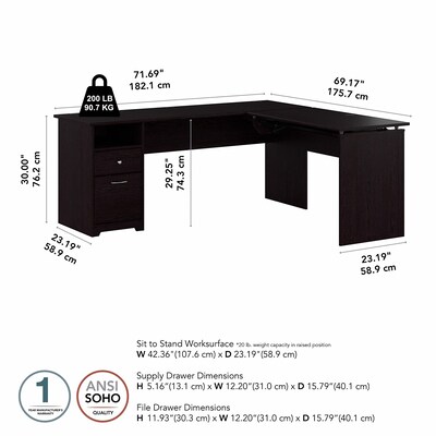 Bush Furniture Cabot 72"W 3 Position Sit to Stand L Shaped Desk, Espresso Oak (CAB050EPO)