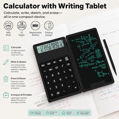 SaharaCase Scientific Calculator with 5-Inch LCD Writing Tablet, 12-Digit Foldable Calculator, Pink, (KB79)