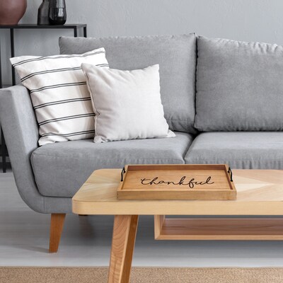 Elegant Designs "Thankful" Decorative Wood Serving Tray w/ Handles, 15.50" x 12", Natural Wood (HG2000-NTF)
