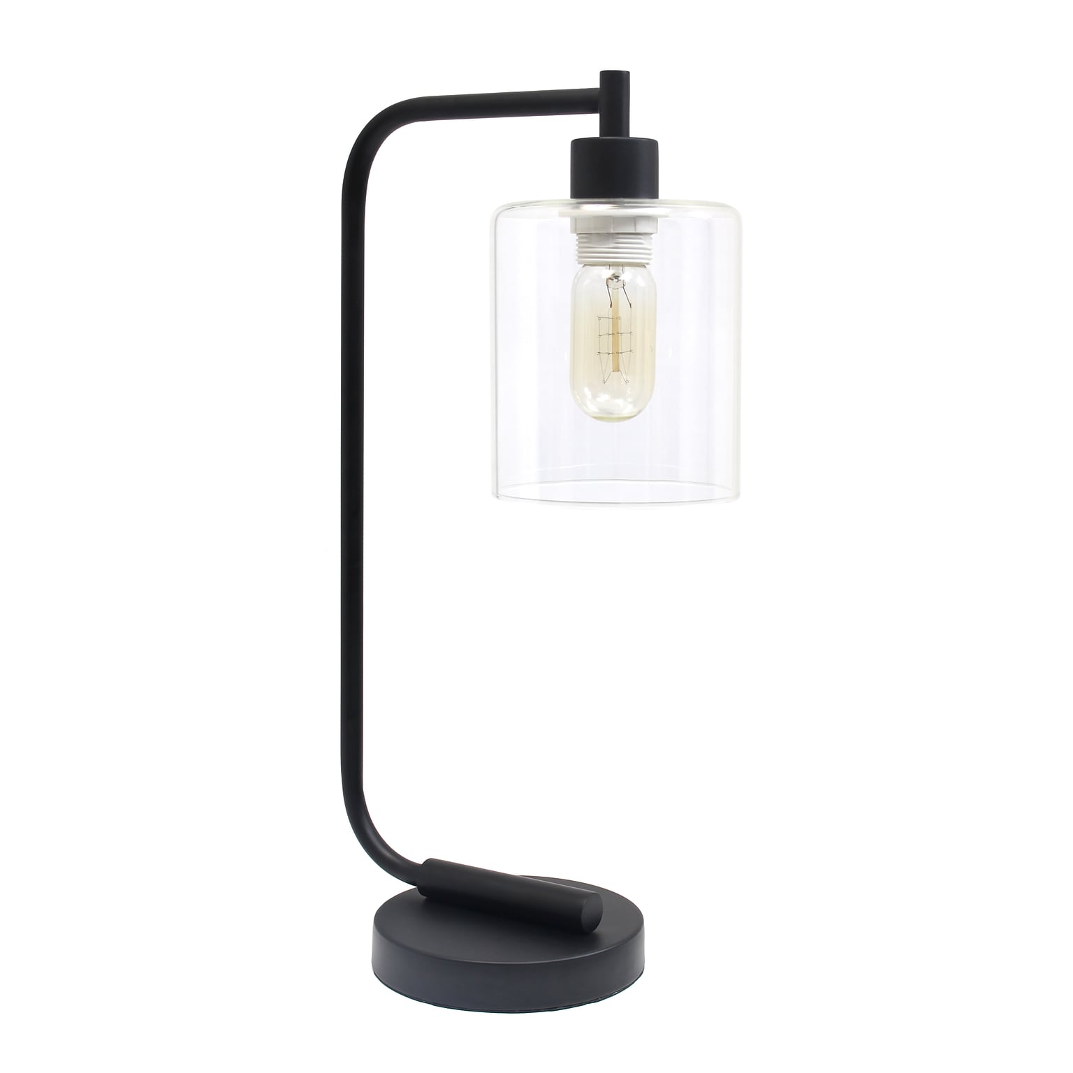 Creekwood Home Vintage Vantage 18.8 Minimalist Industrial Curved Arm Desk Lamp w/ Clear Glass Shade, Black (CWD-1013-BK)