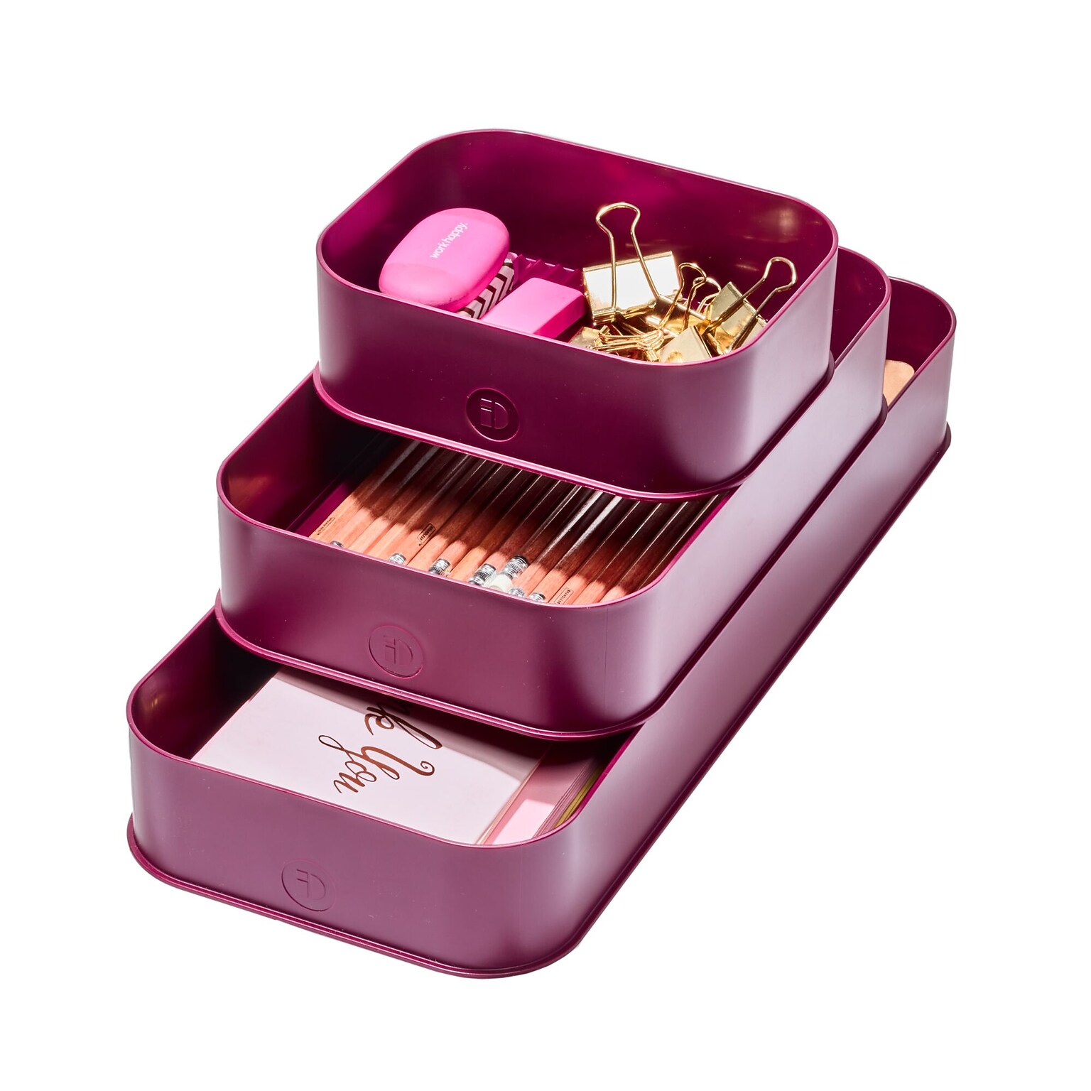 interDesign Eco Office 3-Compartment Stackable Plastic Desk Organizer, Burgundy, 3 Piece (95533N)