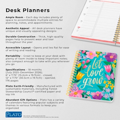 2025-2026 Plato Bonnie Marcus 6" x 7.75" Academic Year Weekly Planner, Multicolored (9798330700080)