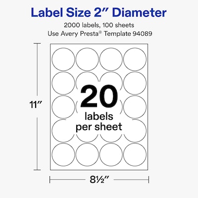 Avery Round Laser/Inkjet Multipurpose Labels, 2" Round, White, 20 Labels/Sheet, 100 Sheets/Pack (19479311285)