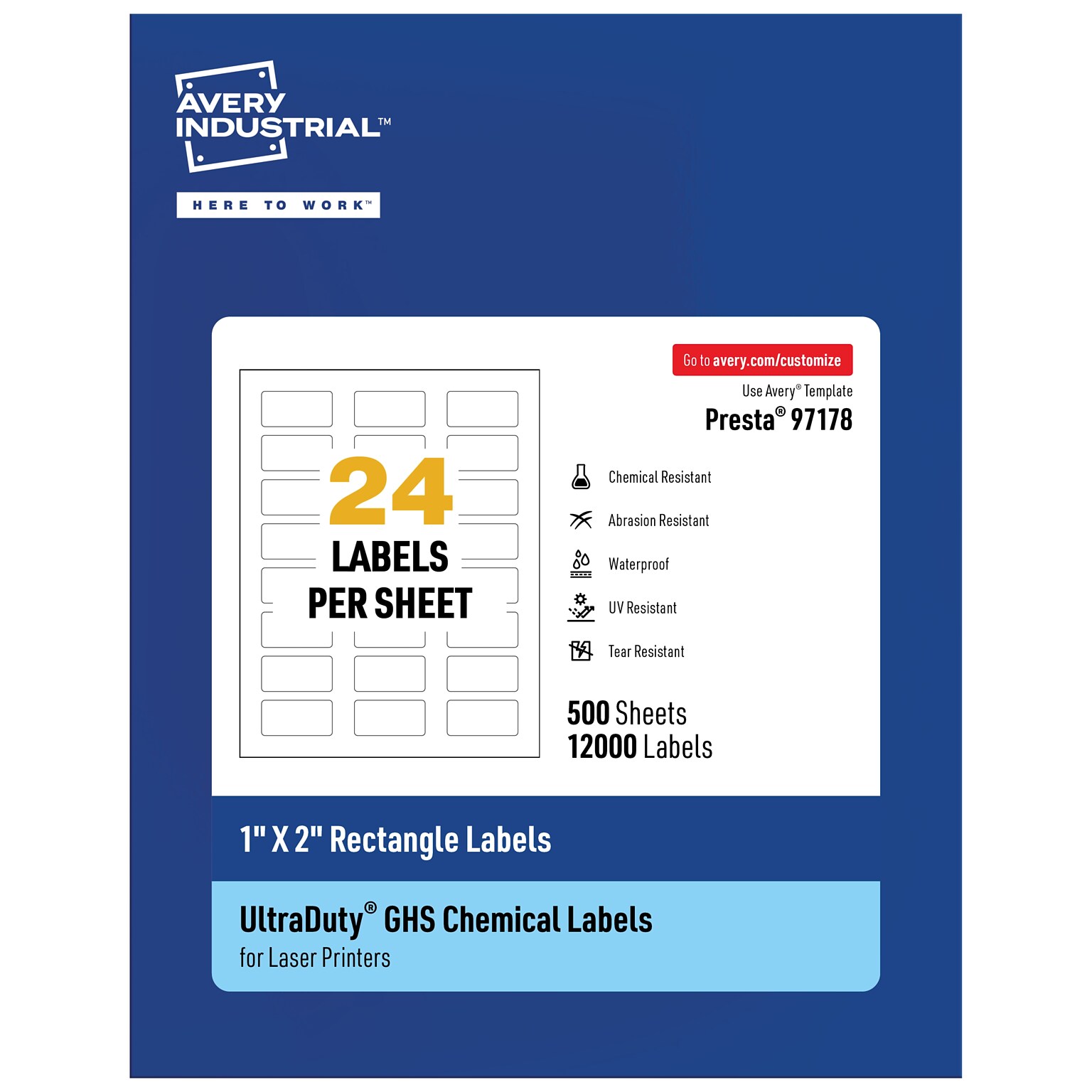 Avery UltraDuty Laser Rectangle Multipurpose Labels, 1 x 2, White, 12000 Labels/Box ( 97178)