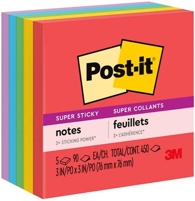 Post-it Super Sticky Notes, 3 x 3, Playful Primaries Collection, 90 Sheets/Pad, 5 Pads/Pack (654-5