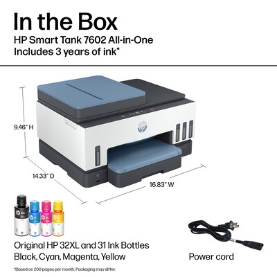 HP Smart Tank 7602 Wireless Color All-in-One Ink Tank Printer, Scan, Copy, Fax, 2 Years of Ink, AI Enabled (28B98A)