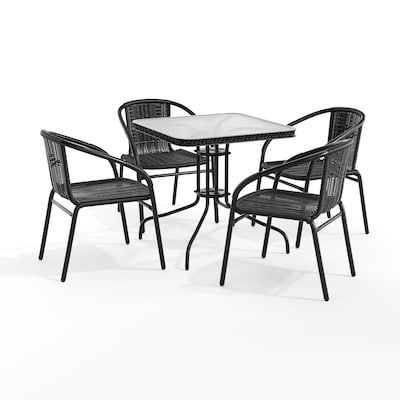 Flash Furniture Lila 28 Square Table with 4 Rattan Stack Chairs, Black (TLH073SQ037BK4)