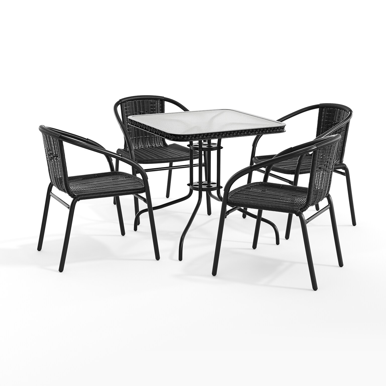 Flash Furniture Lila 28 Square Table with 4 Rattan Stack Chairs, Black (TLH073SQ037BK4)