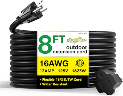 GoGreen Power 8 Indoor/Outdoor Extension Cord, 16 AWG, Black (GG-13708BK)
