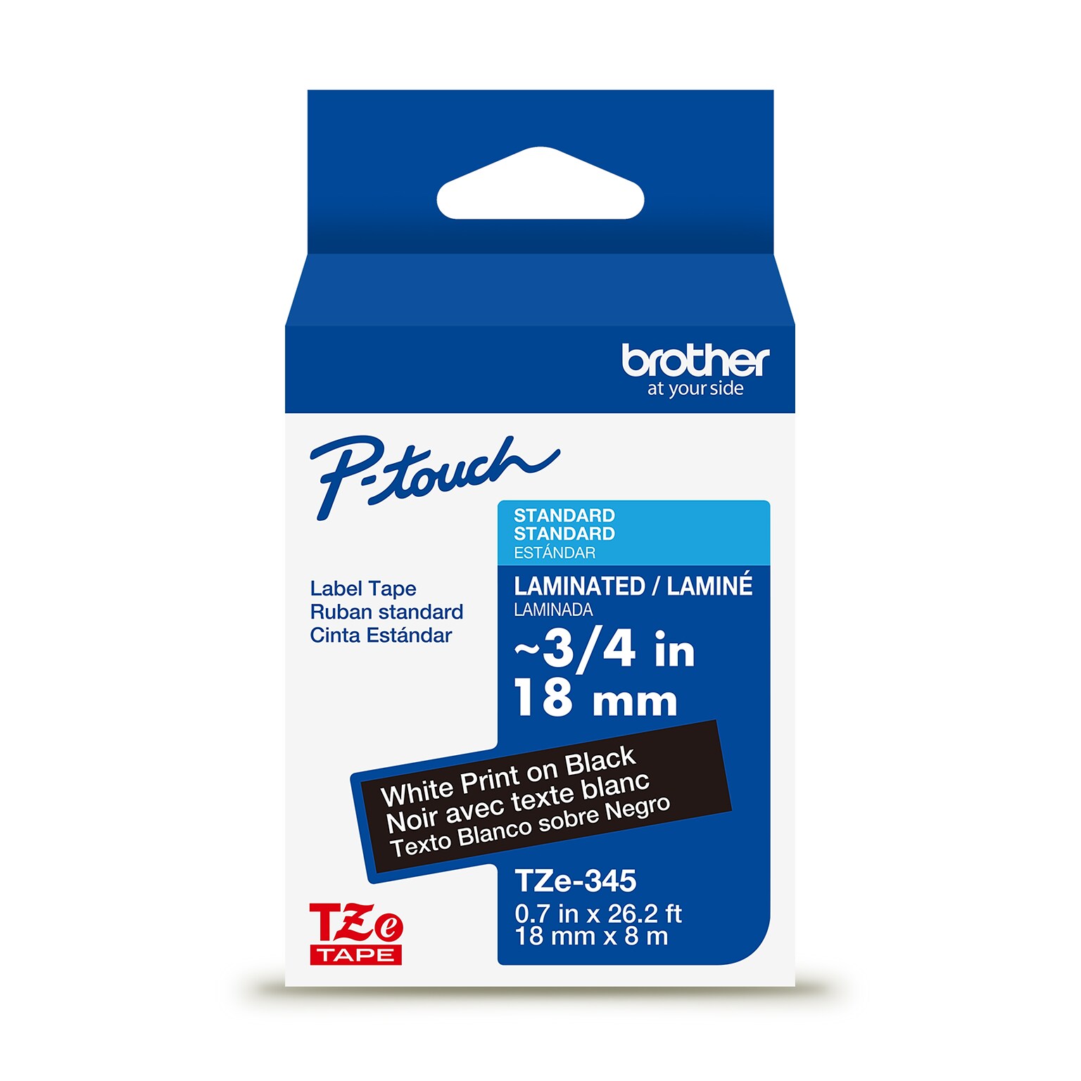 Brother P-touch Laminated Label Tape, ~3/4 x 26.2, White on Black (TZe345)