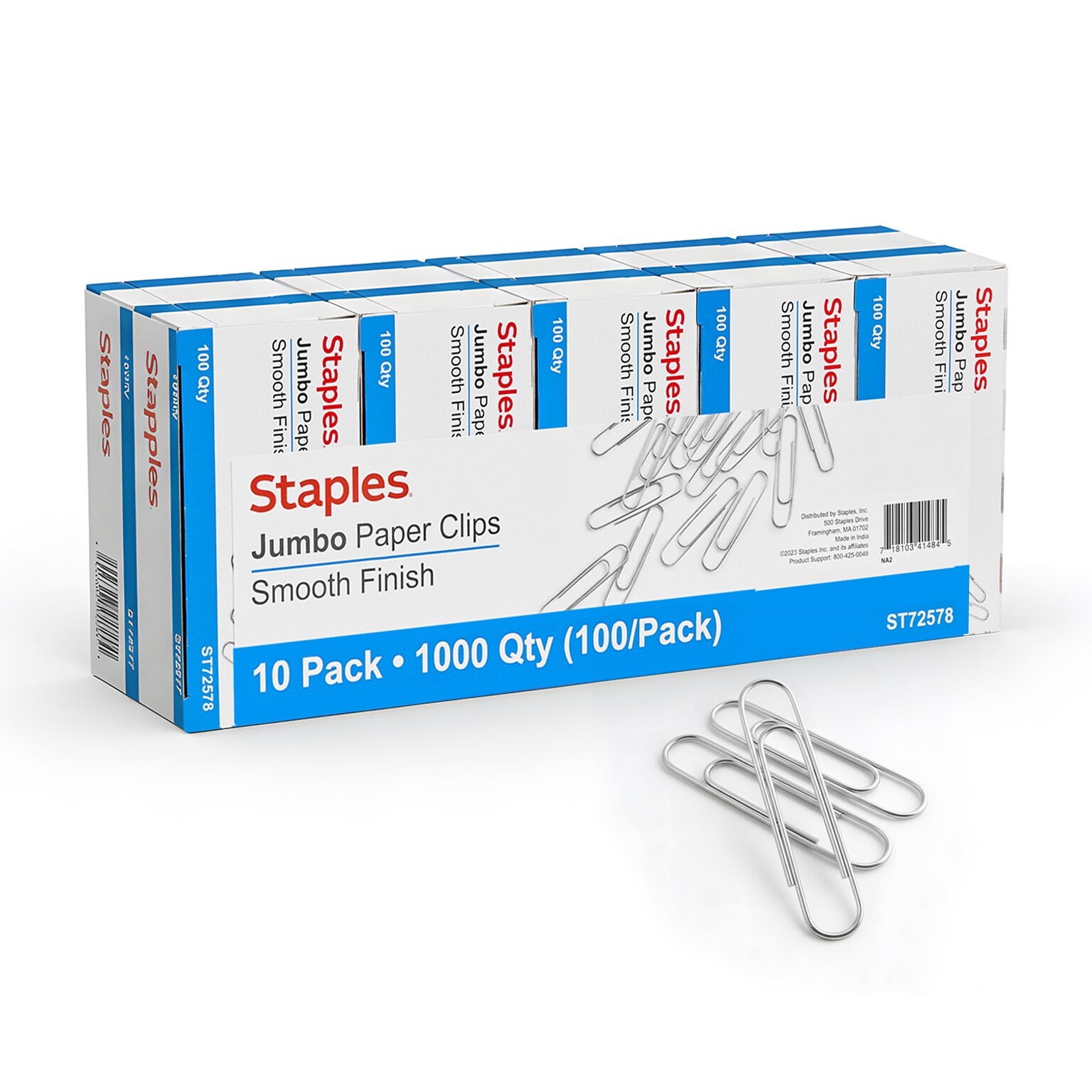 Staples Smooth Paper Clips, Jumbo, Silver, 100/Box, 10 Boxes/Pack (A7026605/72578)