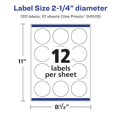 Avery Laser/Inkjet Round Multipurpose Labels, White, 12 Labels/Sheet, 10 Sheets/Pack (94510)