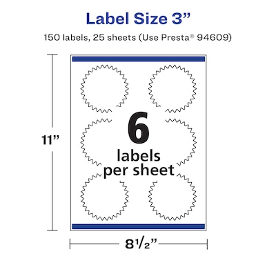 Avery Laser/Inkjet Starburst Waterproof Multipurpose Labels, 3"  Dia, White, 150/Pack (94609)