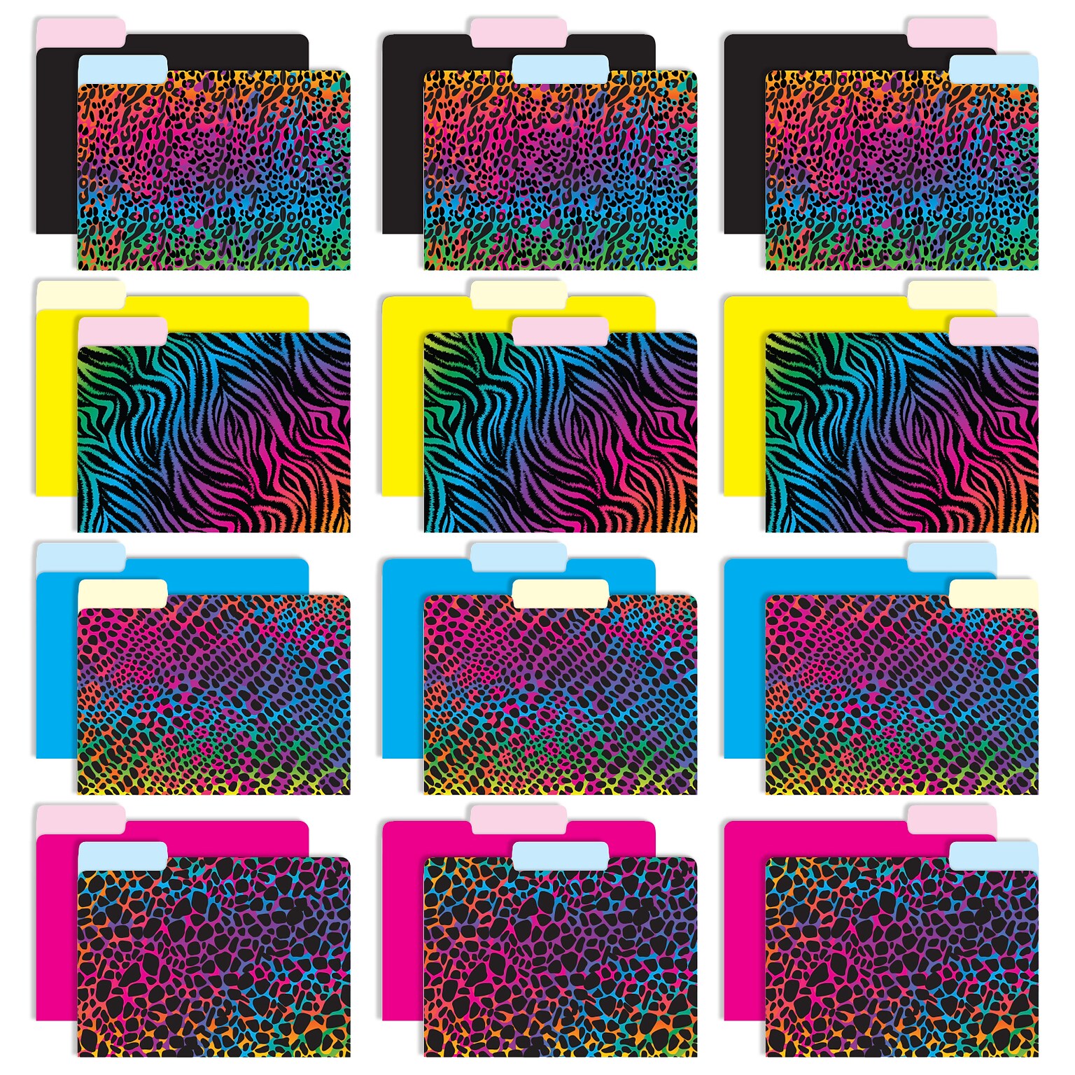 Global Printed Products Heavy Duty Interior File Folders, 1/3-Cut Tab, Letter Size, Paper Stock, Animal Print, 24/Pack