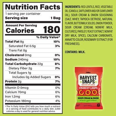 Harvest Snaps Crunchy Loops Gluten Free Sour Cream and Onion Vegetable Chips, 1.35 oz., 8 Bags/Pack (220-02516)