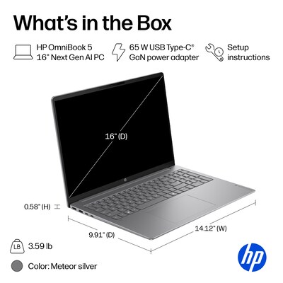 HP OmniBook 5 16" Laptop, Copilot+ PC, Intel Core Ultra 7 355, 16GB RAM, 512GB SSD, +23 Hour Battery, Windows 11 Home