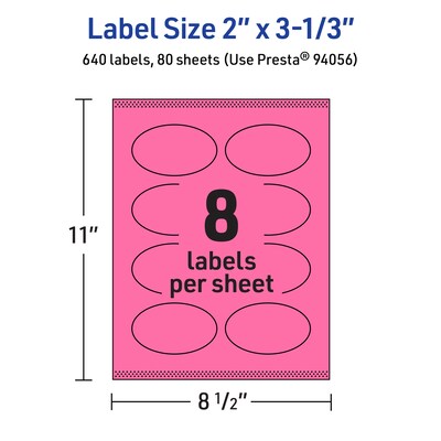 Avery Laser/Inkjet Oval Multipurpose Labels, 2" x 3-1/3", Bright Pink, 640/Box (94056)